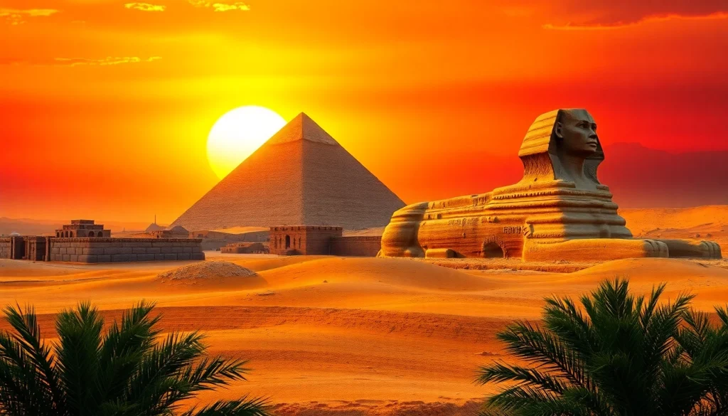 View of the piraminds with hieroglyphics and a vibrant sunset backdrop.