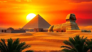 View of the piraminds with hieroglyphics and a vibrant sunset backdrop.