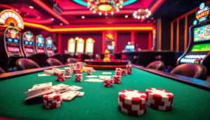 Engaging scene of high-stakes gambling featuring רמי אונליין cards and poker chips, capturing casino excitement.