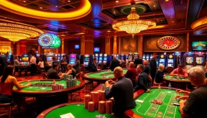 KJC casino scene showcasing players at poker tables and vibrant slot machines.