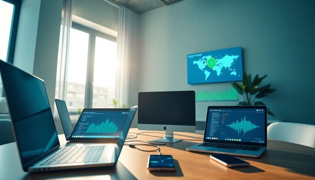 展示使用 QuickQ官网实现安全VPN连接的专业工作区场景，配有现代设备和科技友好环境。