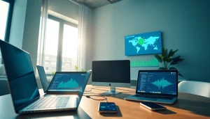 展示使用 QuickQ官网实现安全VPN连接的专业工作区场景，配有现代设备和科技友好环境。