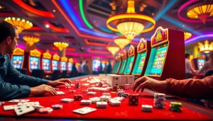 Players enjoying the Mahjong Ways 2 slot machine, surrounded by vibrant casino elements.