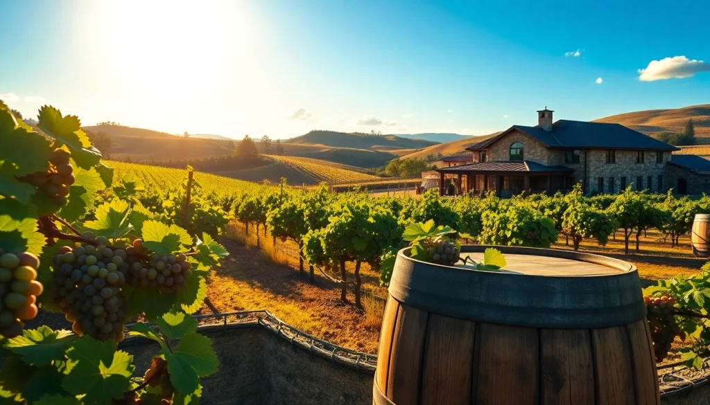 Enjoy a vibrant view of Winery Sacramento's lush grapevines and elegant tasting room.