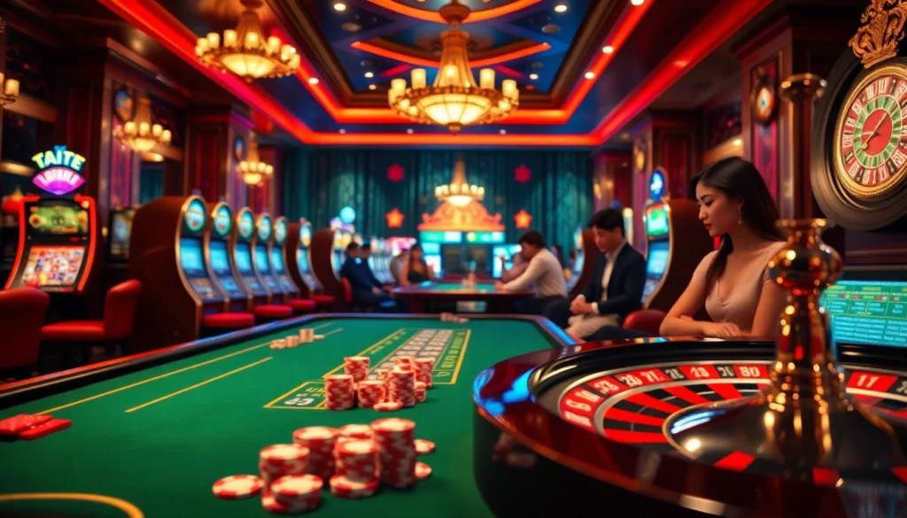 Active gamblers enjoying Tool xổ số siêu tốc in a luxurious casino setting, featuring vibrant gaming tables and chips.