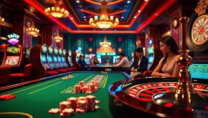 Active gamblers enjoying Tool xổ số siêu tốc in a luxurious casino setting, featuring vibrant gaming tables and chips.