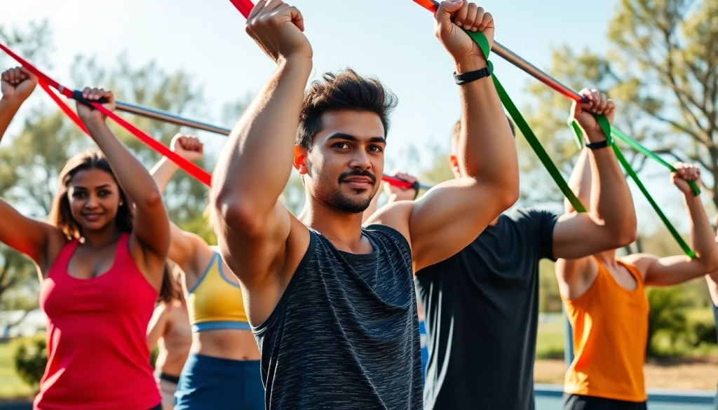 Engaged individuals using pull-up assist bands in an outdoor workout, showcasing fitness motivation and strength.