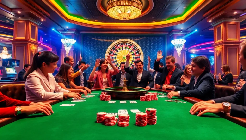 SODO CASINO poker players celebrate their wins at a vibrant casino table filled with chips and cards.