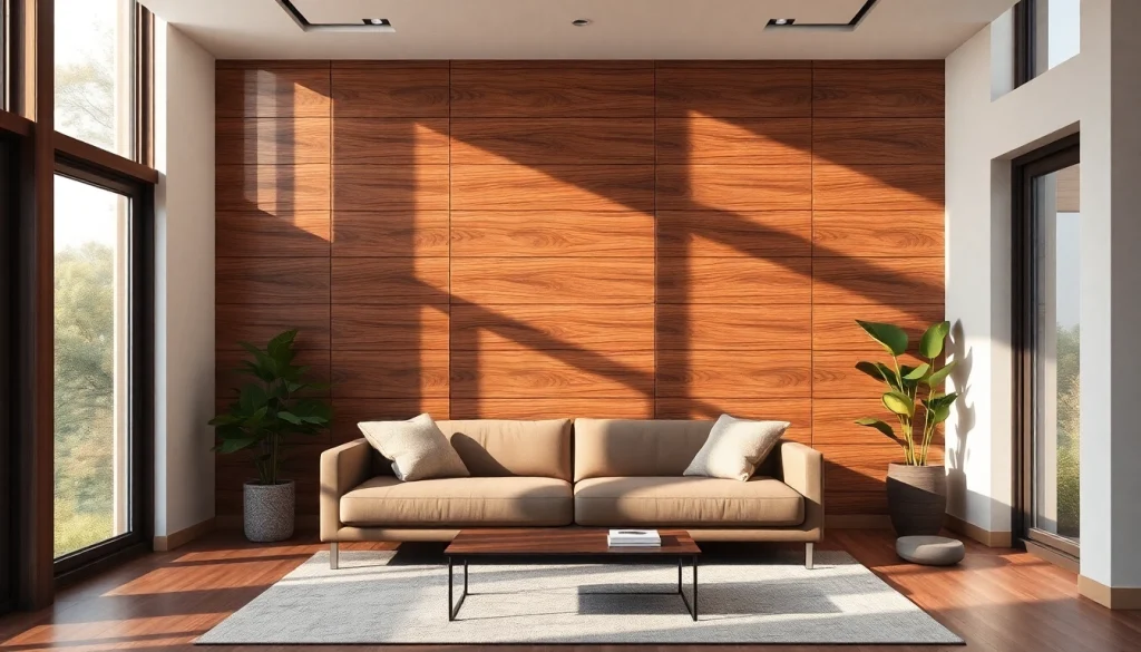 Elegant wall paneling enhances a cozy living room with smooth wooden textures and warm lighting.