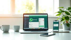 现代工作区：笔记本电脑上显示 WhatsApp Web，促进高效沟通。