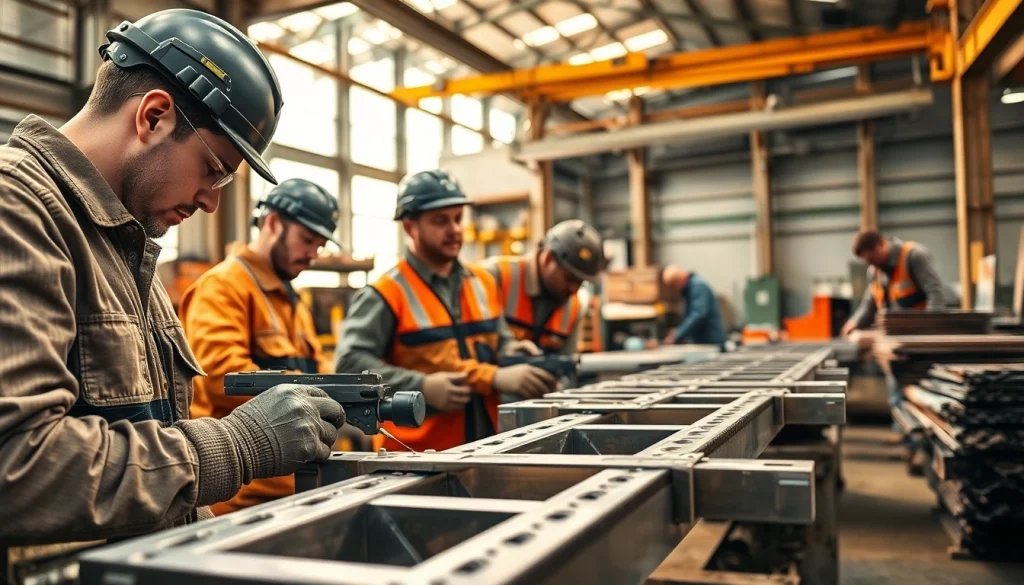 Steel fabricators near me expertly crafting metal structures in a bustling workshop.
