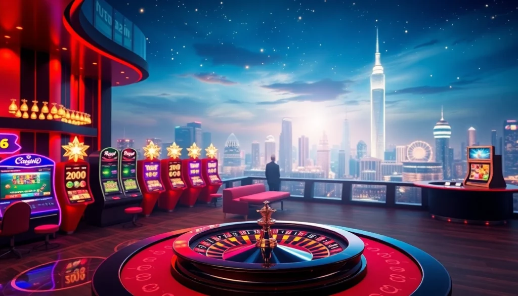 Experience exhilarating רמי אונליין gambling at a dynamic casino scene with poker and slot excitement.