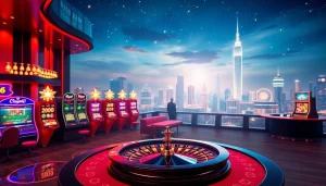 Experience exhilarating רמי אונליין gambling at a dynamic casino scene with poker and slot excitement.