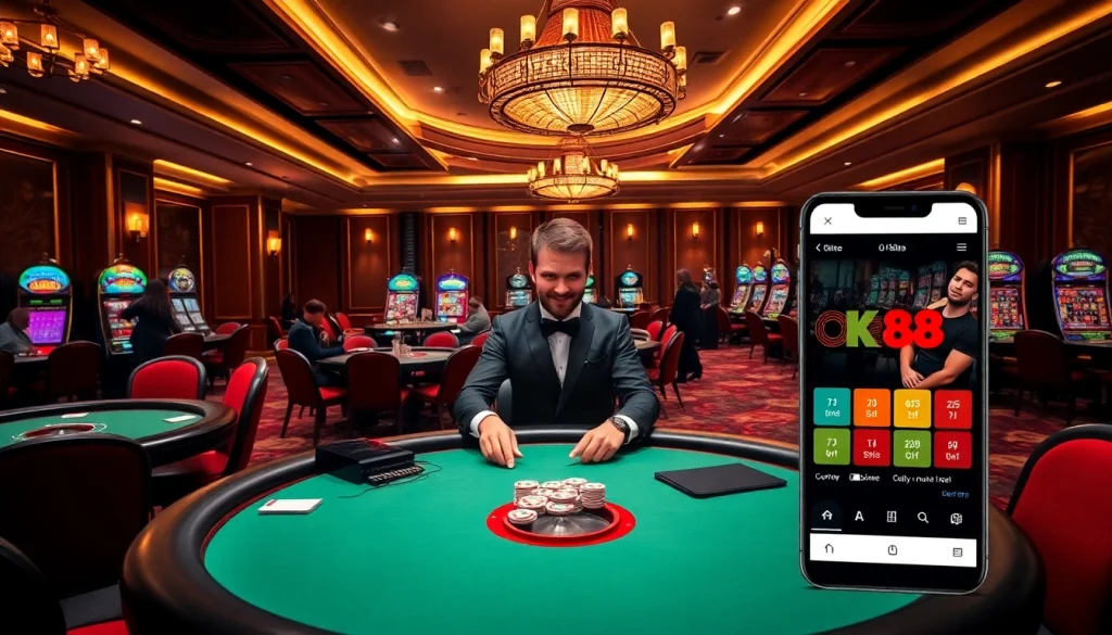 Gambling excitement at https://ok88.tech/ with poker tables and vibrant slot machines.