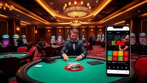 Gambling excitement at https://ok88.tech/ with poker tables and vibrant slot machines.