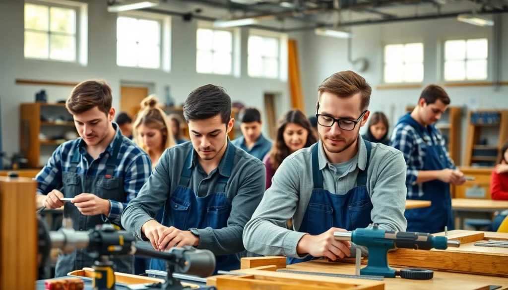 Students learning skills at a Trade School In Tennessee with practical tools and equipment.