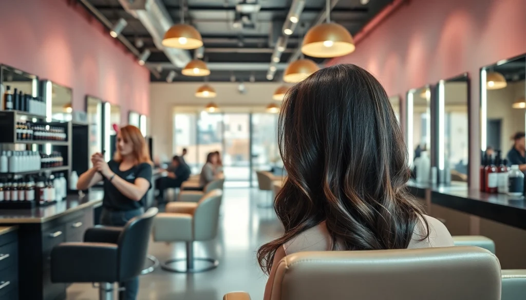Stylist at a salon coafor bucuresti, showcasing vibrant hair styling atmosphere.