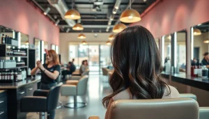 Stylist at a salon coafor bucuresti, showcasing vibrant hair styling atmosphere.