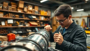Technician performing hydraulic cylinder repair in an organized workshop, showcasing tools and expertise.