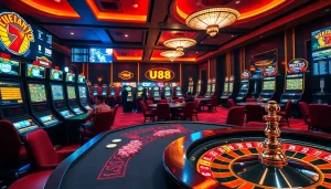 Experience thrilling gameplay at UU88's luxurious online casino with poker tables and colorful slot machines.