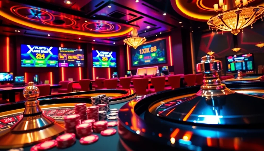 XX88 online casino gaming scene with poker chips, cards, and roulette wheel.