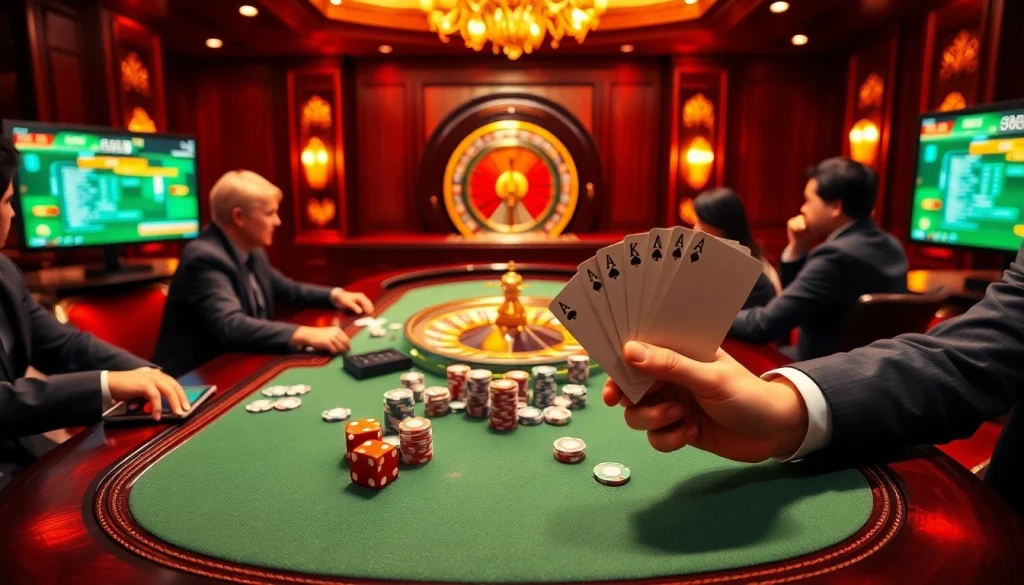Players engaging in poker with hidden wiki links displayed on digital screens in an elegant casino setting.