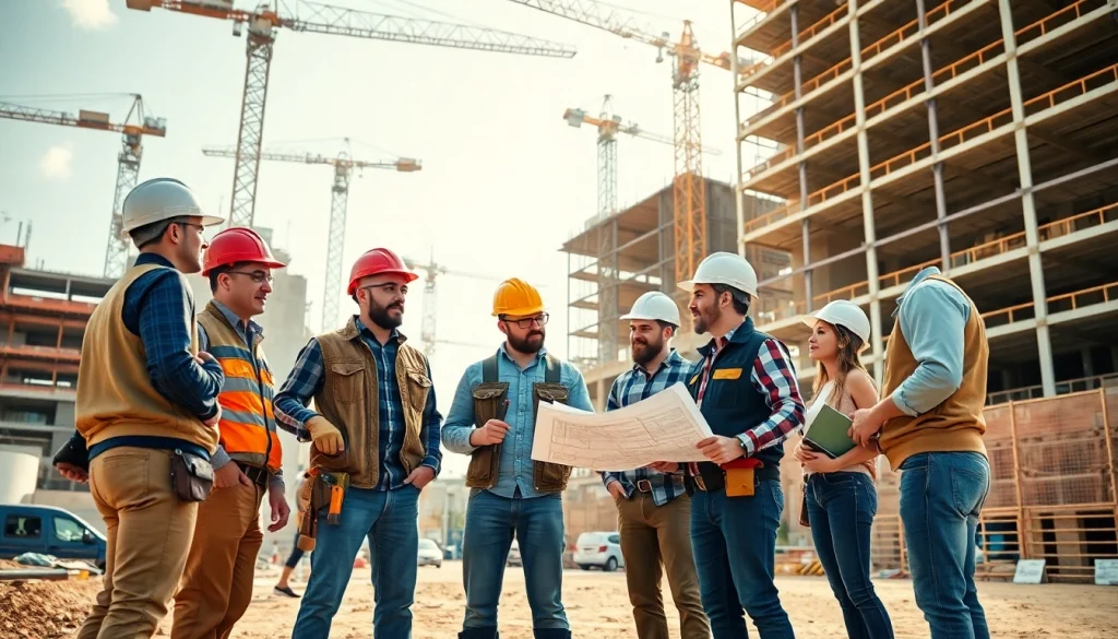 Construction workforce development in action as diverse workers collaborate on site.