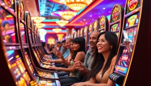 Pemain menikmati kemenangan seru di mesin slot situs slot dalam lingkungan kasino yang hidup.