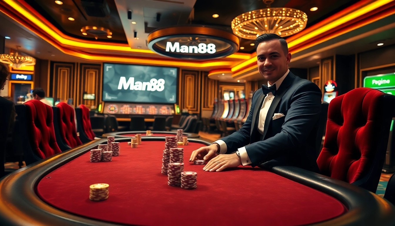 High-stakes poker table at Man88 casino with vibrant atmosphere and luxurious displays.