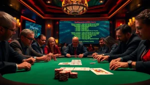 Engage in strategic gameplay at a poker table featuring hidden wiki links in a luxurious casino setup.