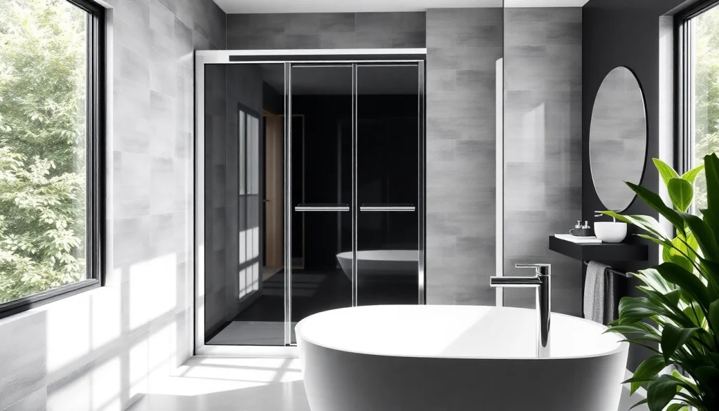 Elegant installation of a black shower sliding door showcasing modern design features.