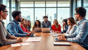 Engaging entrepreneurs collaborating on business growth insights in a modern office.