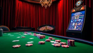Trải nghiệm sự hồi hộp của casino tại https://luck8.net với cảnh chơi cược sang trọng gồm các chip cược, bài và bánh xe roulette.