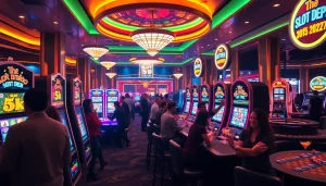 Berinteraksi dengan Slot Depo 5K di meja kasino yang menarik dengan mesin slot berwarna-warni.