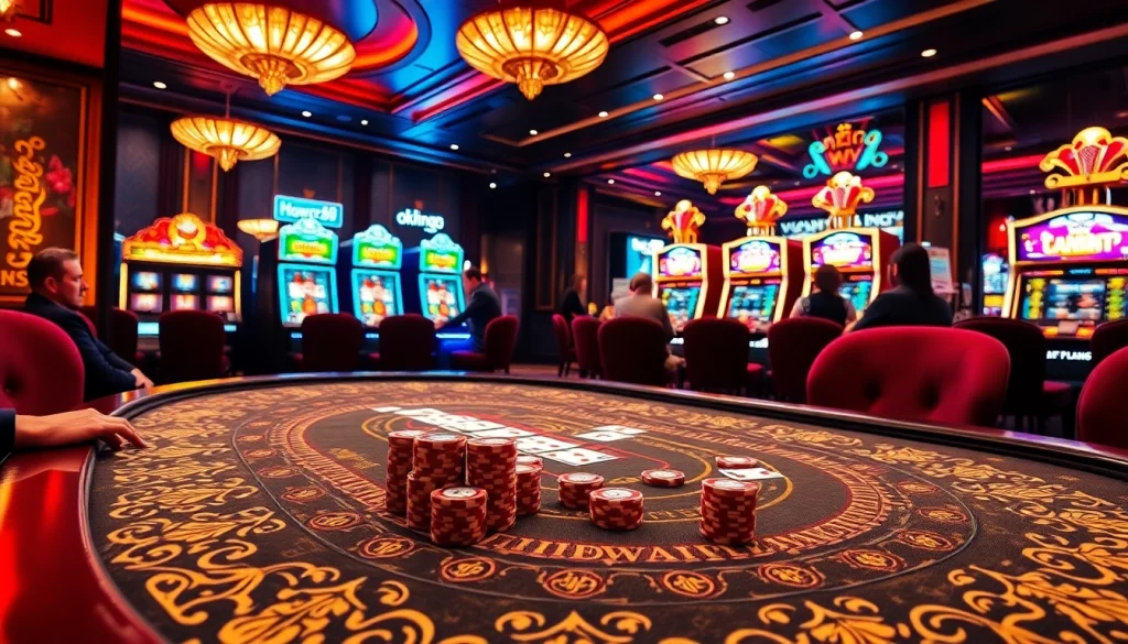 Experience the thrill of high-stakes gaming at https://okwin68.net/ featuring elegant casino tables and vibrant slot machines.