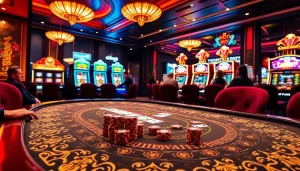 Experience the thrill of high-stakes gaming at https://okwin68.net/ featuring elegant casino tables and vibrant slot machines.