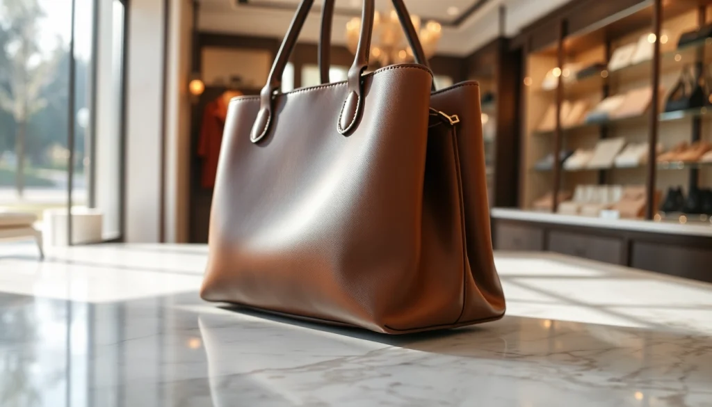 명품 이미테이션 핸드백을 세련된 대리석 배경 위에 배치하여 강조하는 이미지