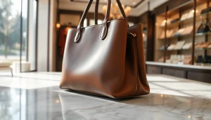 명품 이미테이션 핸드백을 세련된 대리석 배경 위에 배치하여 강조하는 이미지