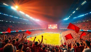 حدث رياضي مباشر مثير على كورا لايف مع جماهير تهتف وأضواء ملعب ديناميكية.