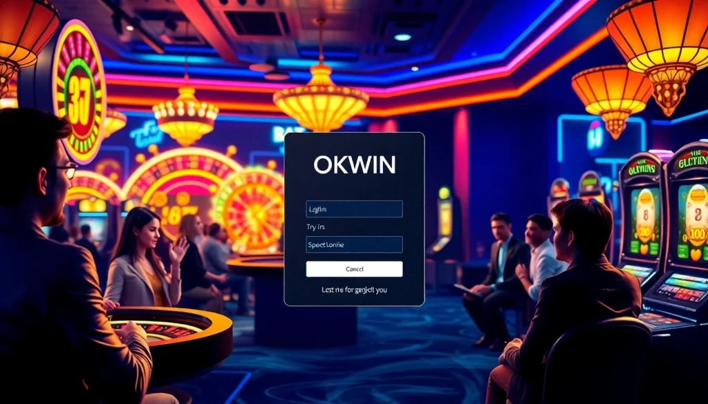 Engage with OKWIN ĐĂNG NHẬP on a luxurious online gaming platform showcasing exciting gambling elements like poker chips and roulette wheels.