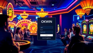 Engage with OKWIN ĐĂNG NHẬP on a luxurious online gaming platform showcasing exciting gambling elements like poker chips and roulette wheels.