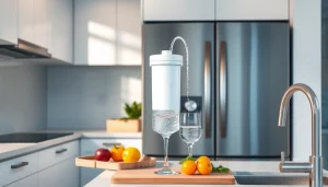 AQUA CREST LT1000PC ADQ747935 Refrigerator Water Filter and Air Filter showcased in a modern kitchen with fresh water, highlighting quality.