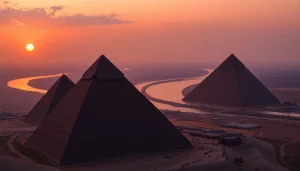 View showcasing the piraminds against a stunning sunset backdrop, emphasizing their grandeur.