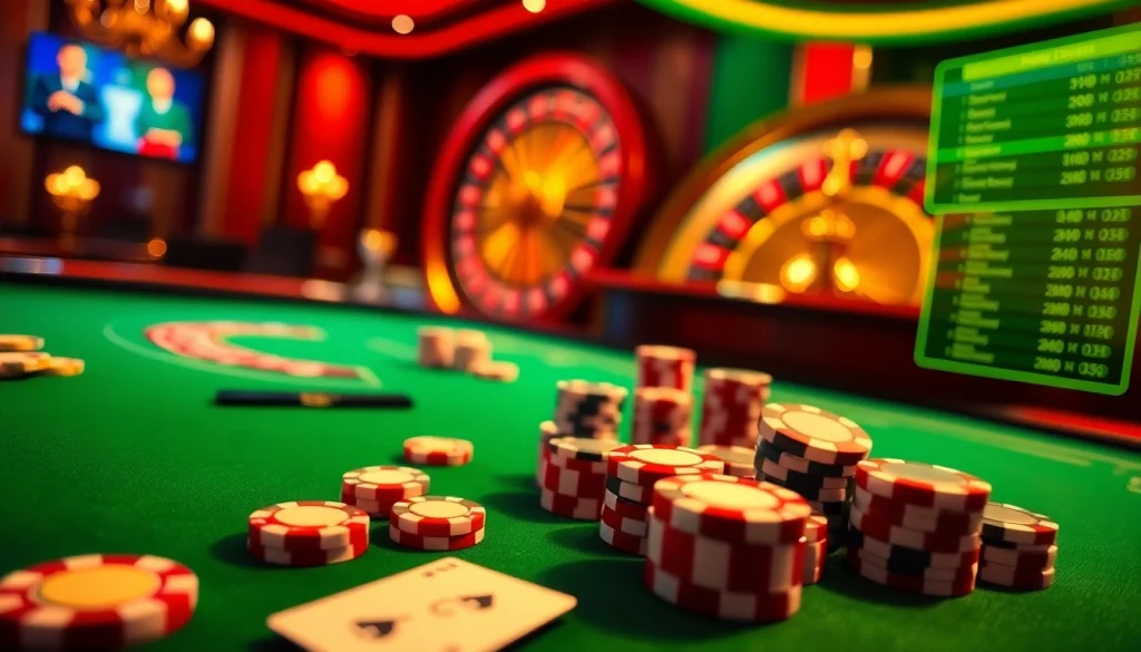 Xôi Xoài Casino gaming scene featuring poker chips, cards, and a roulette wheel