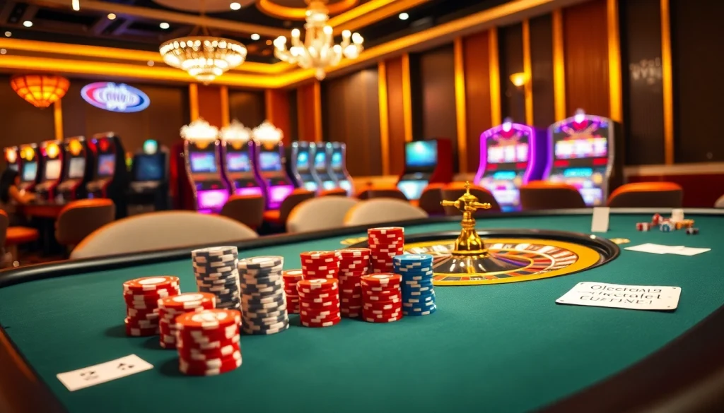 Intense gaming action at GG88 with vibrant poker chips, roulette wheel, and slot machines enhancing the thrill.