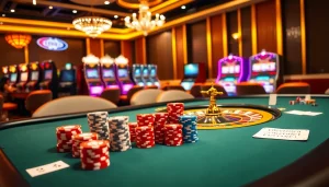 Intense gaming action at GG88 with vibrant poker chips, roulette wheel, and slot machines enhancing the thrill.