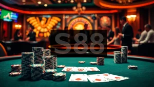 S88 highlights an exciting casino scene with poker chips and a roulette wheel, capturing the thrill of gambling.