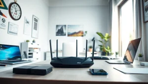 Góc làm việc tại nhà hiện đại trình diễn Mã AX88 và bộ định tuyến ASUS RT-AX88U.