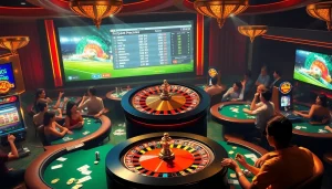 Experience the thrill of kết quả bóng đá while gambling in a luxurious casino atmosphere, featuring poker tables and a roulette wheel.