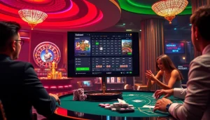 Experience thrilling sbobet online betting with a modern casino scene featuring gaming tables and excited players.